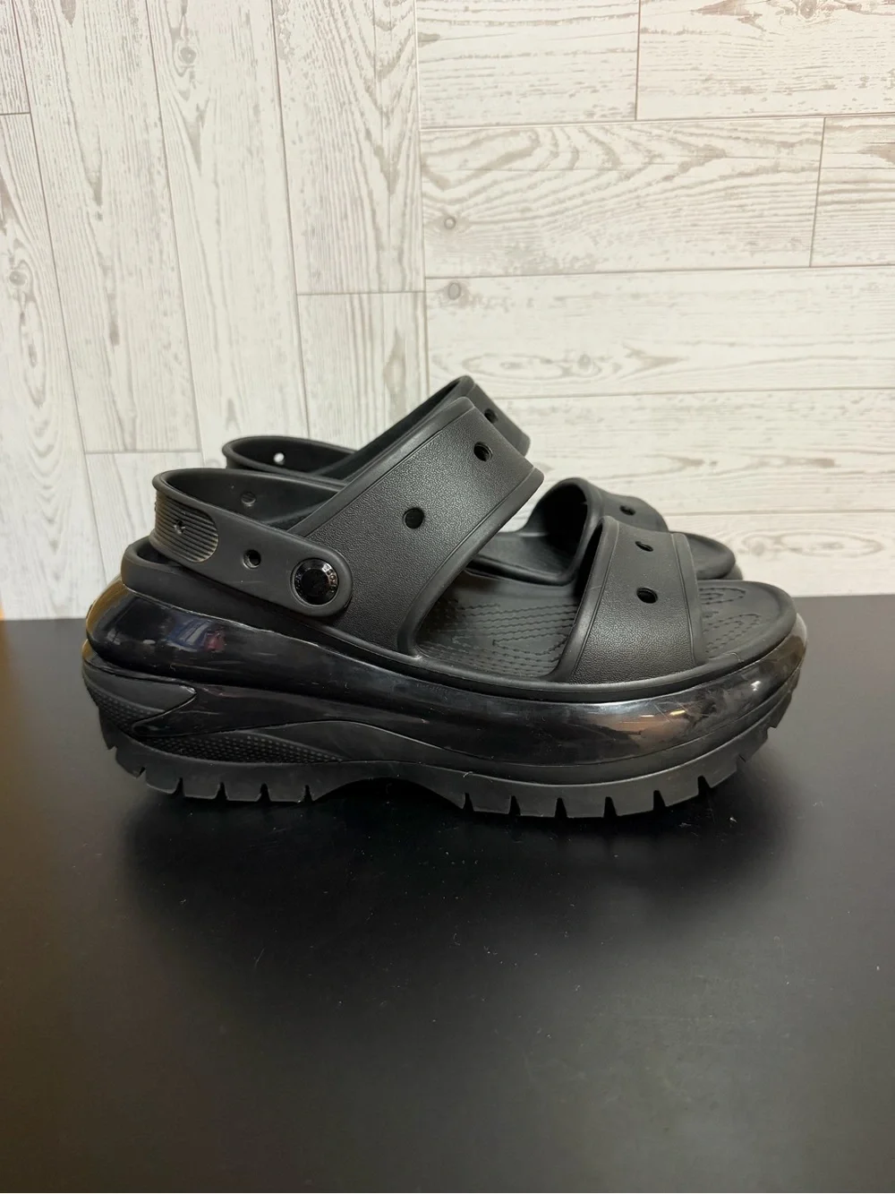 Crocs M7 W9 Black Platform Sandals Iconic Crocs Comfort Chunky Slides